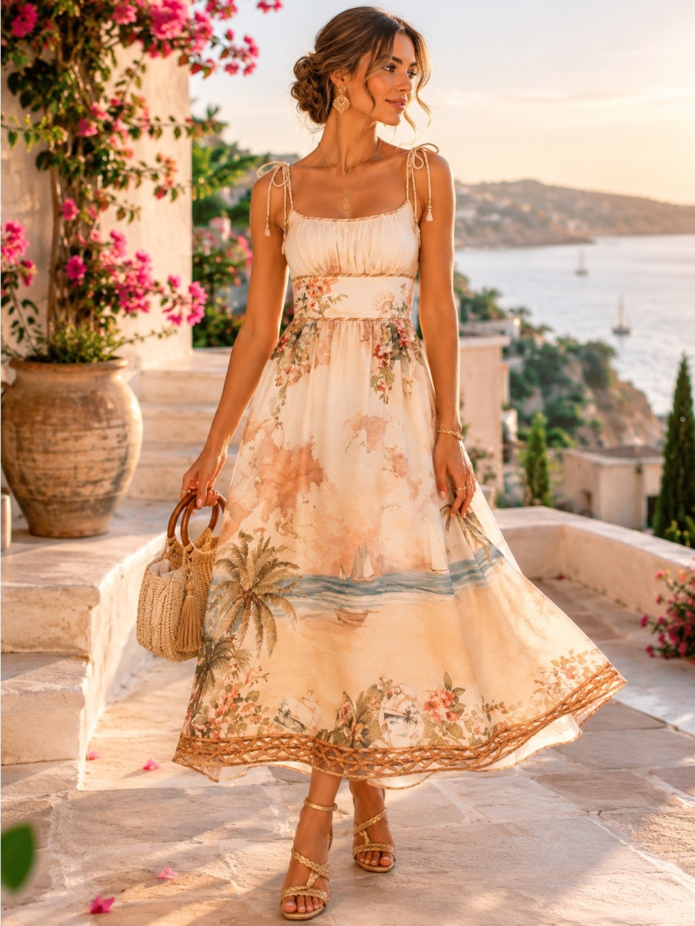 Zimmermann Cream Floral Map-Print Tie-Shoulder Midi Dress size AU 0 us 2